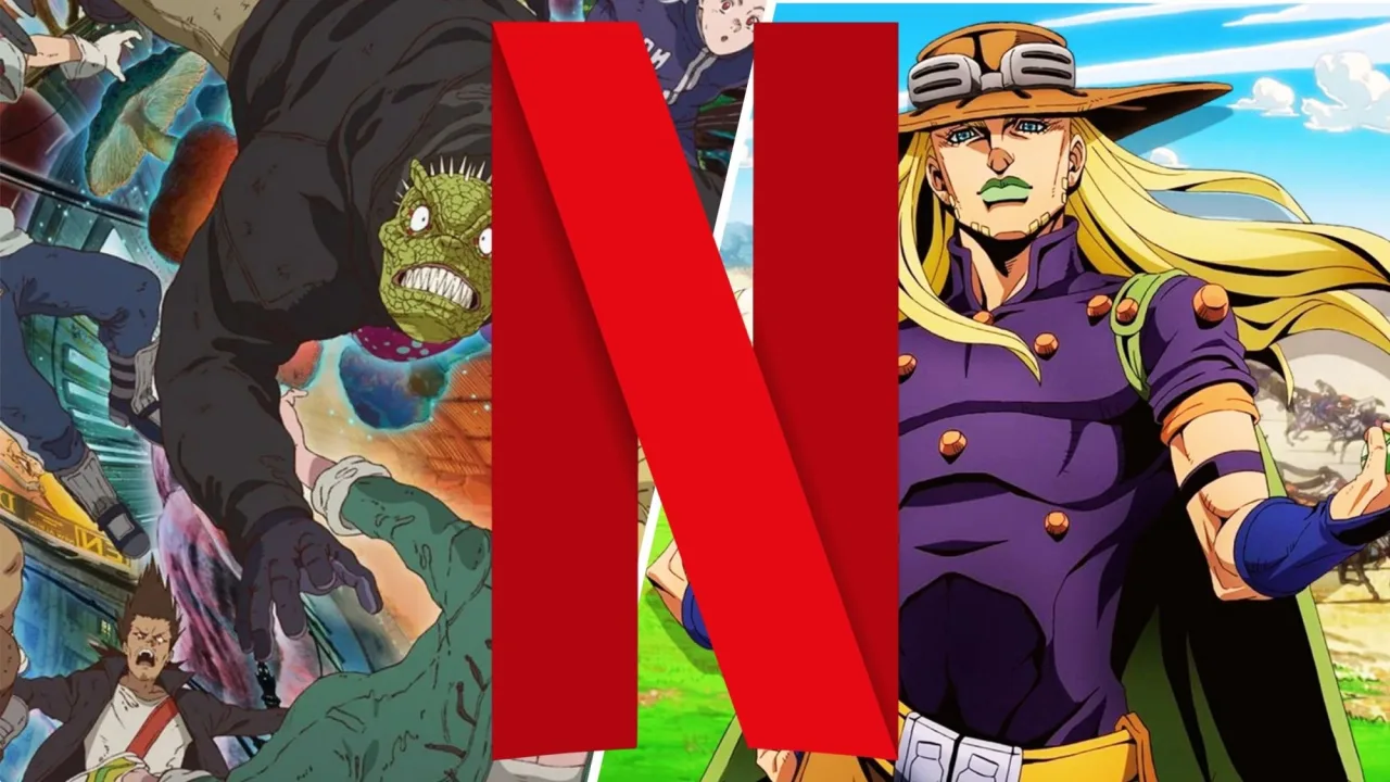 Jovem fazendo agachamento com fones, tela da Netflix exibindo Dorohedoro ao fundo, garrafa d'água e halteres ao lado
