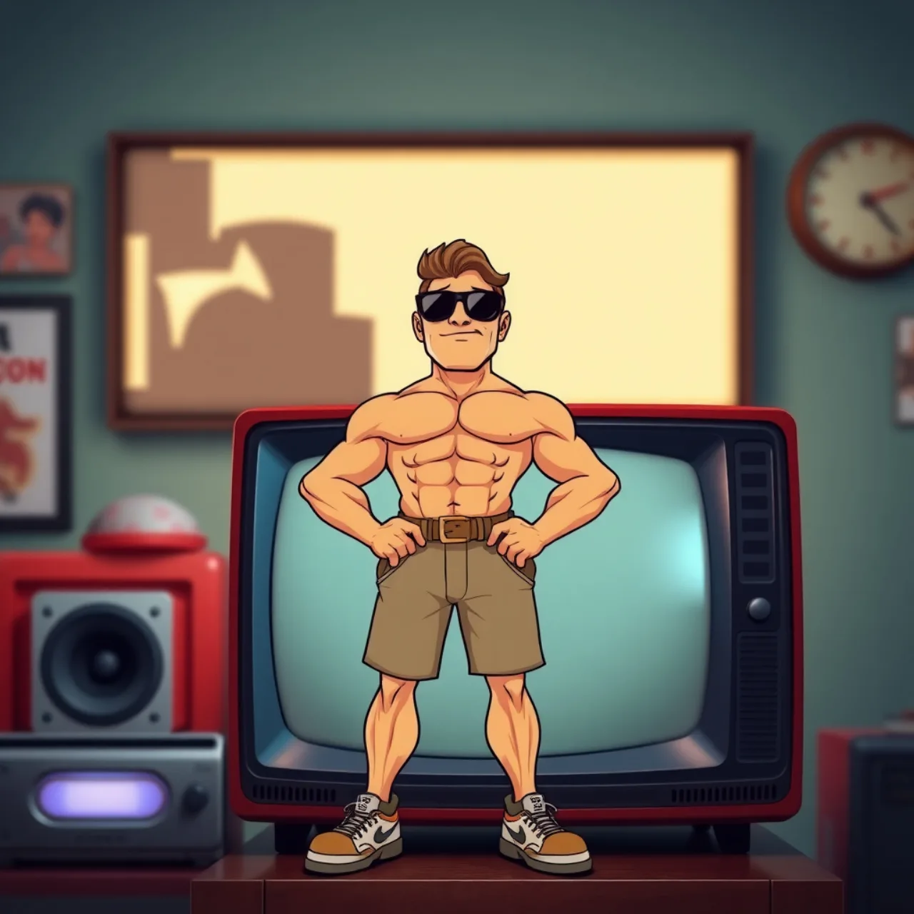Homem musculoso, usando camiseta vermelha, segurando halteres dourados ao lado de uma barra de cereal integral