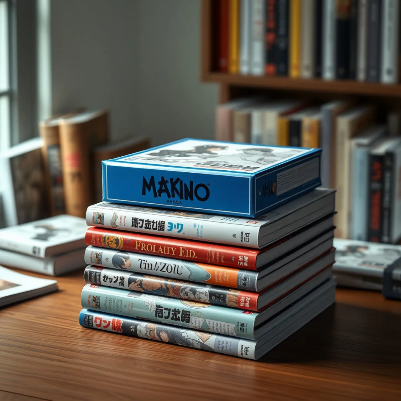 Estante com 33 volumes de Blue Box, capa colorida ao lado de um marcador de página e uma caneta