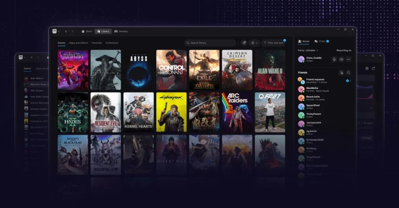 Tela de PC exibindo o novo launcher da Epic Games com logo da empresa e ícone do Linux ao lado