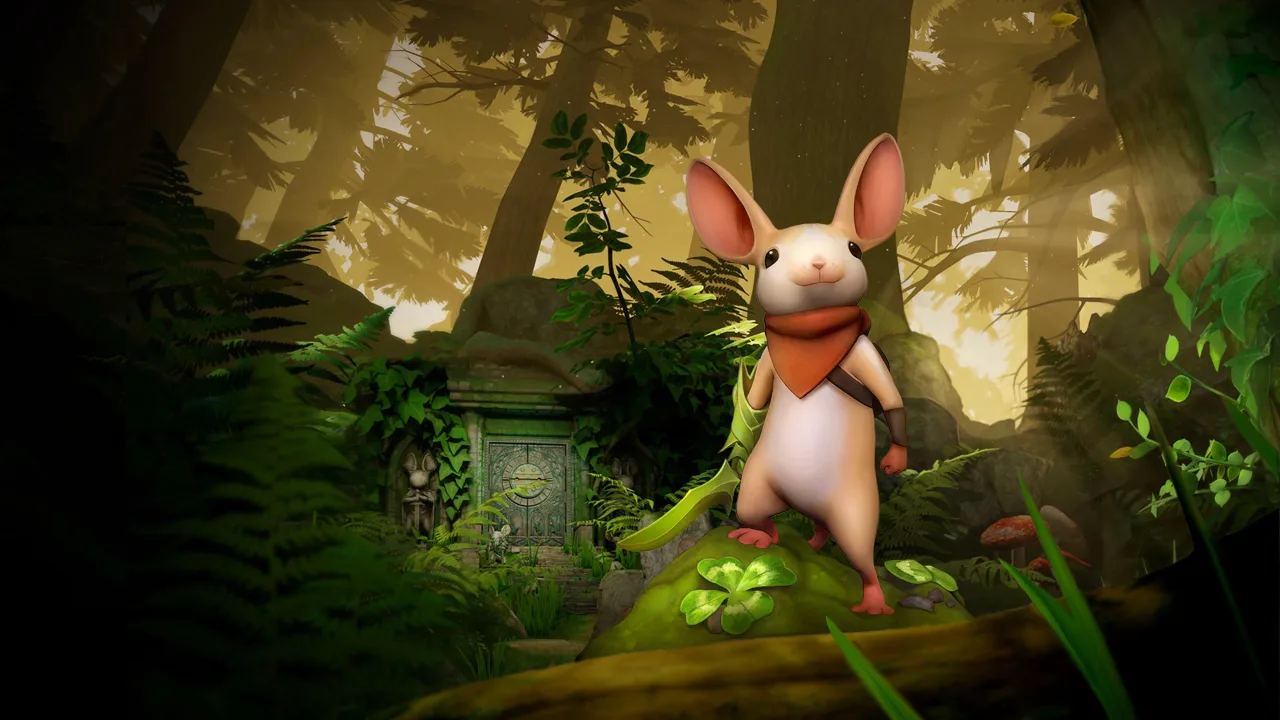Quill, a ratinha protagonista de Moss, segurando sua espada em um cenário de floresta detalhado e mágico