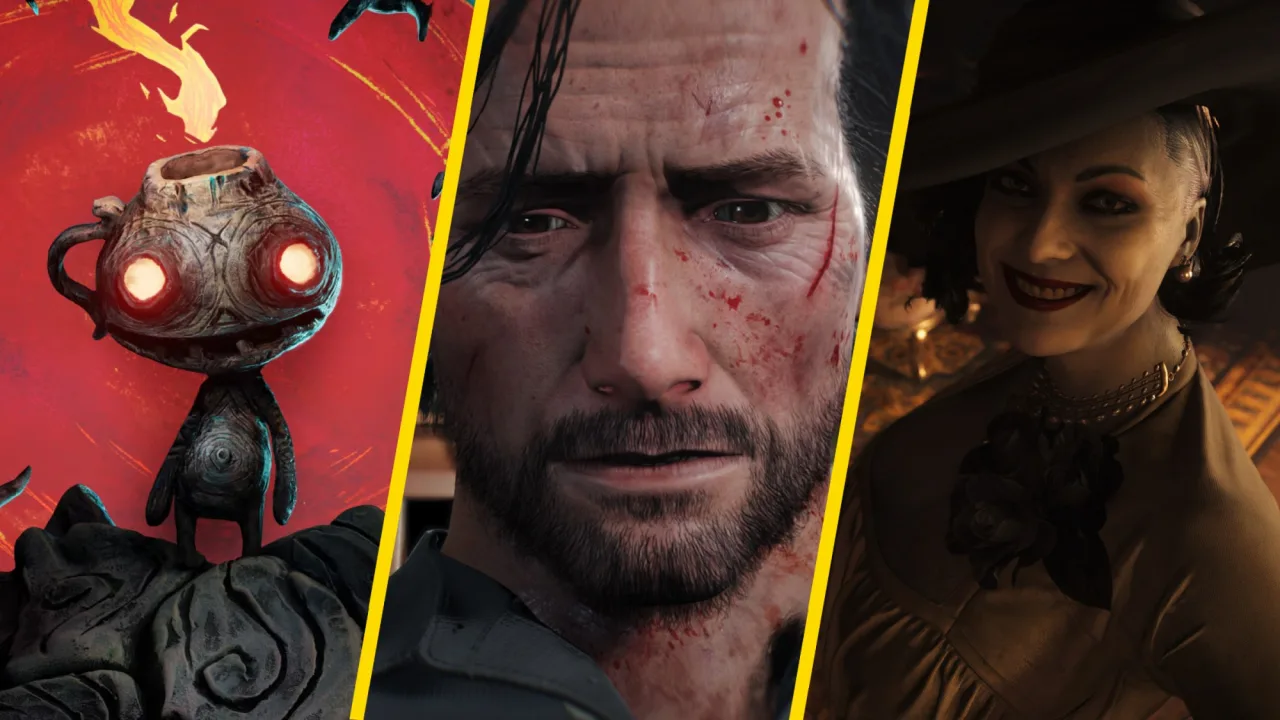 Logo PlayStation Plus sobre fundo escuro, cercado por capas de Resident Evil Village, Outlast 2, Crow Country e outros