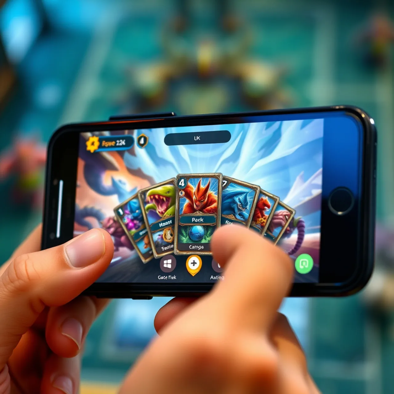 Jovens no sofá segurando smartphones, com telas mostrando o app Pokemon TCG Pocket e cartas espalhadas ao redor