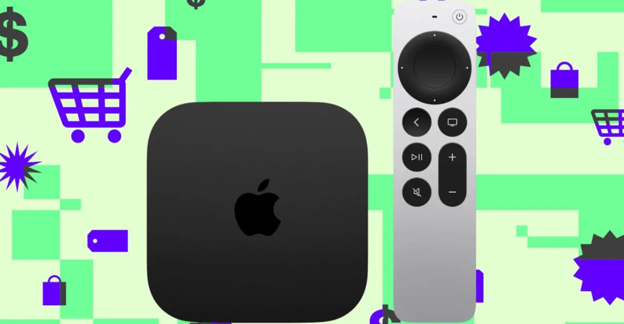 Apple TV 4K 2023 ao lado do logotipo da Apple, com etiqueta de preço $289,99 e selo da Amazon destacando desconto de $9