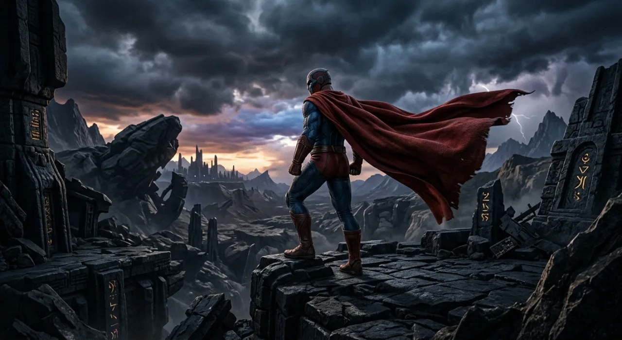 Homem musculoso vestindo camiseta do Superman levanta kettlebell ao lado de uma barra de proteína