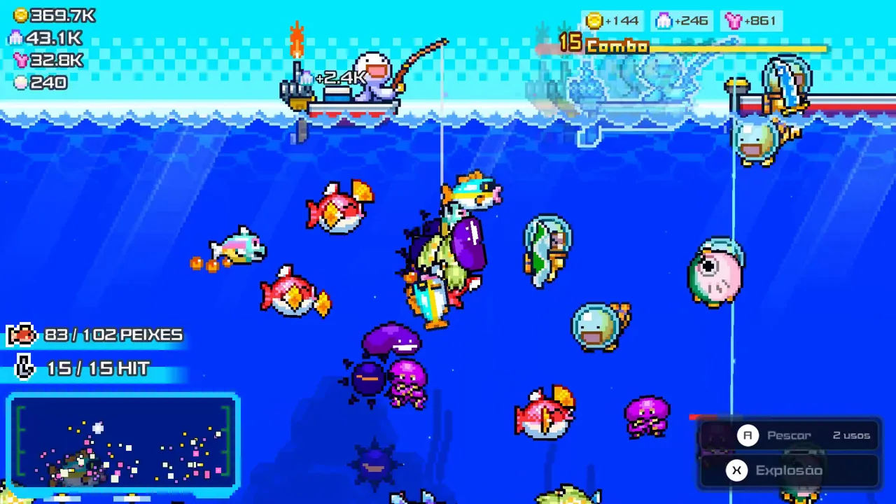 Barco pescando dezenas de peixes coloridos em pixel art em Fish Them All!