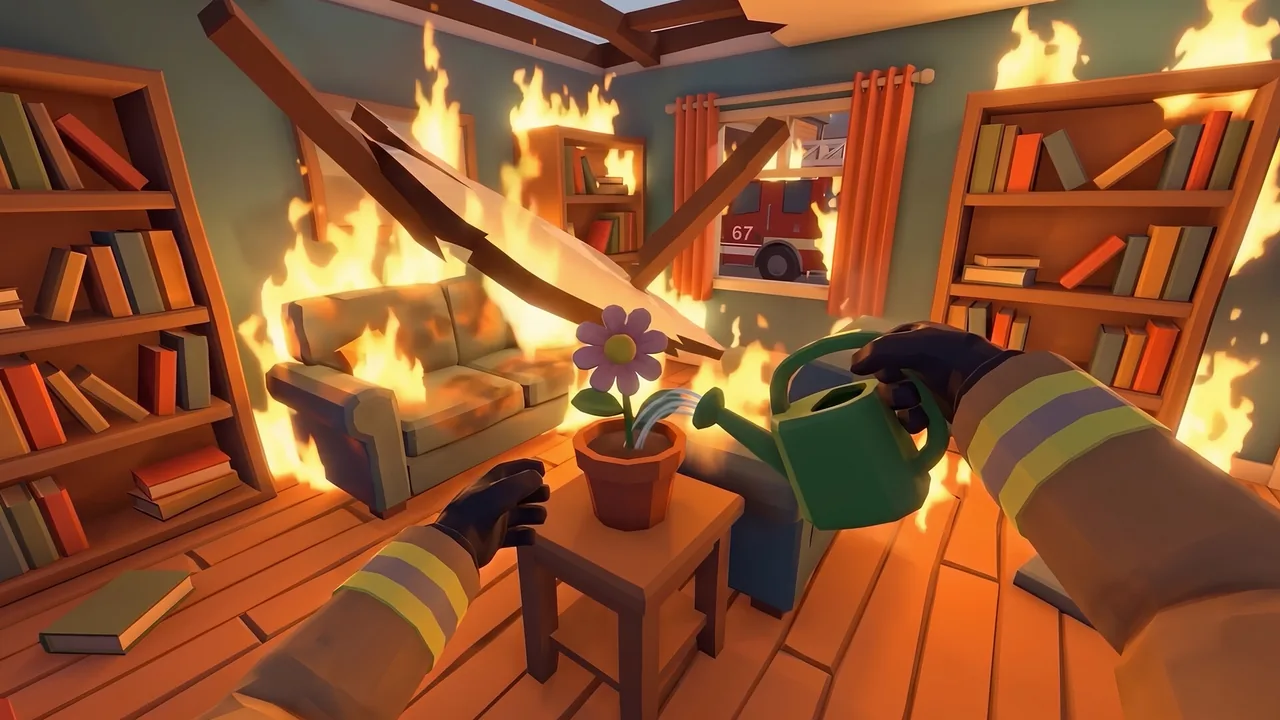 Bombeiro regando uma planta no meio de uma sala em chamas em Flame and Blame
