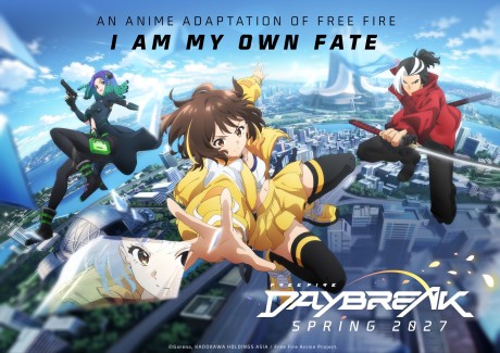 Personagem de anime em pose de ataque, segurando um controle de celular, ao fundo um pôster futurista da série