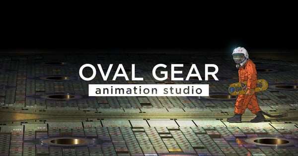 Esboços de motos futuristas, canetas e o logotipo da Oval Gear sobre uma mesa de luz em um estúdio em Tóquio