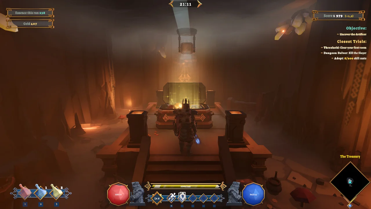 Guerreiro diante de um altar iluminado em uma câmara de Kazfall