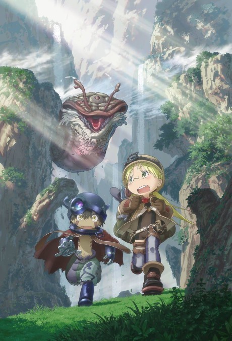Um corredor de rua usando fones, olhando para um tablet que exibe o trailer de Made in Abyss enquanto faz alongamento