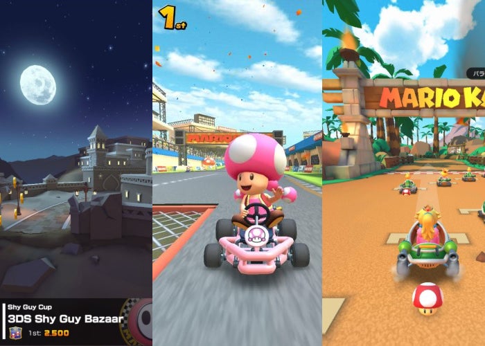 Jovem em roupa de academia correndo na esteira, segurando o celular com Mario Kart Tour aberto
