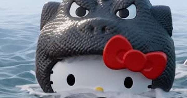 Garoto em roupa de ginástica segurando um hambúrguer do McDonald's ao lado de um copo de suco verde e um brinquedo Hello Kitty‑Godzilla
