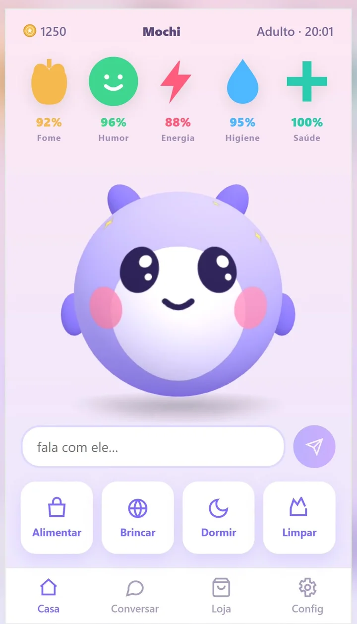Mochi em 3D com os indicadores de fome, humor, energia, higiene e saúde