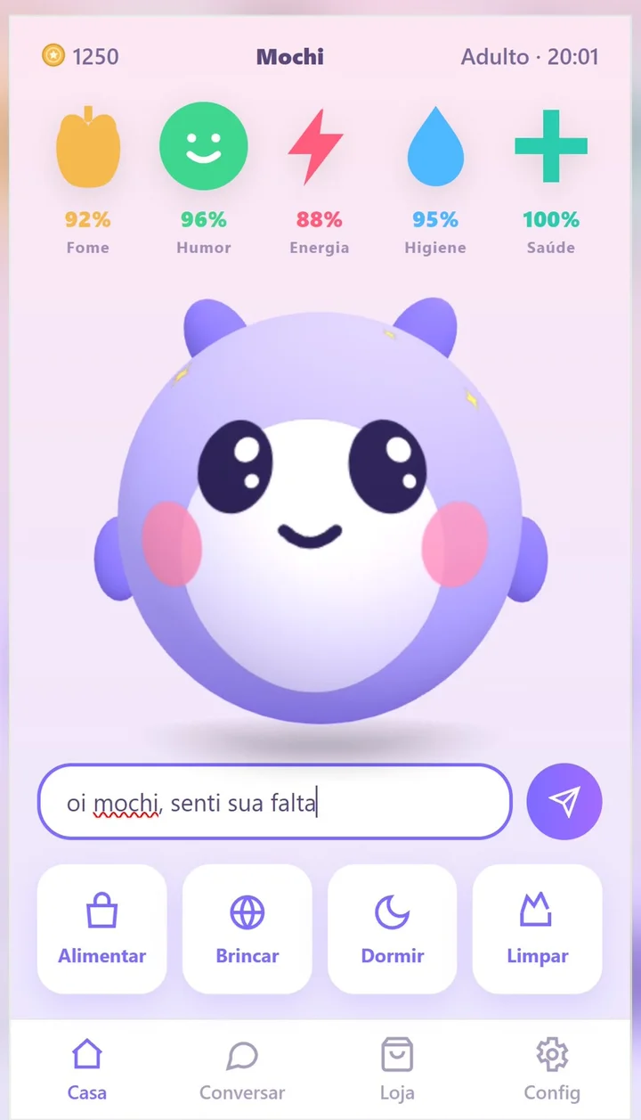 Mochi em 3D na tela do celular com o campo de conversa