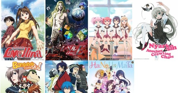 Tela de TV exibindo personagens de Love Hina e DRAMAtical Murder, ao lado de um controle remoto e um copo d'água