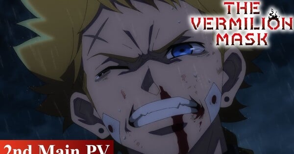 Protagonista encapuzado com a máscara vermelha em destaque, ao fundo a cidade futurista e o logo da Crunchyroll