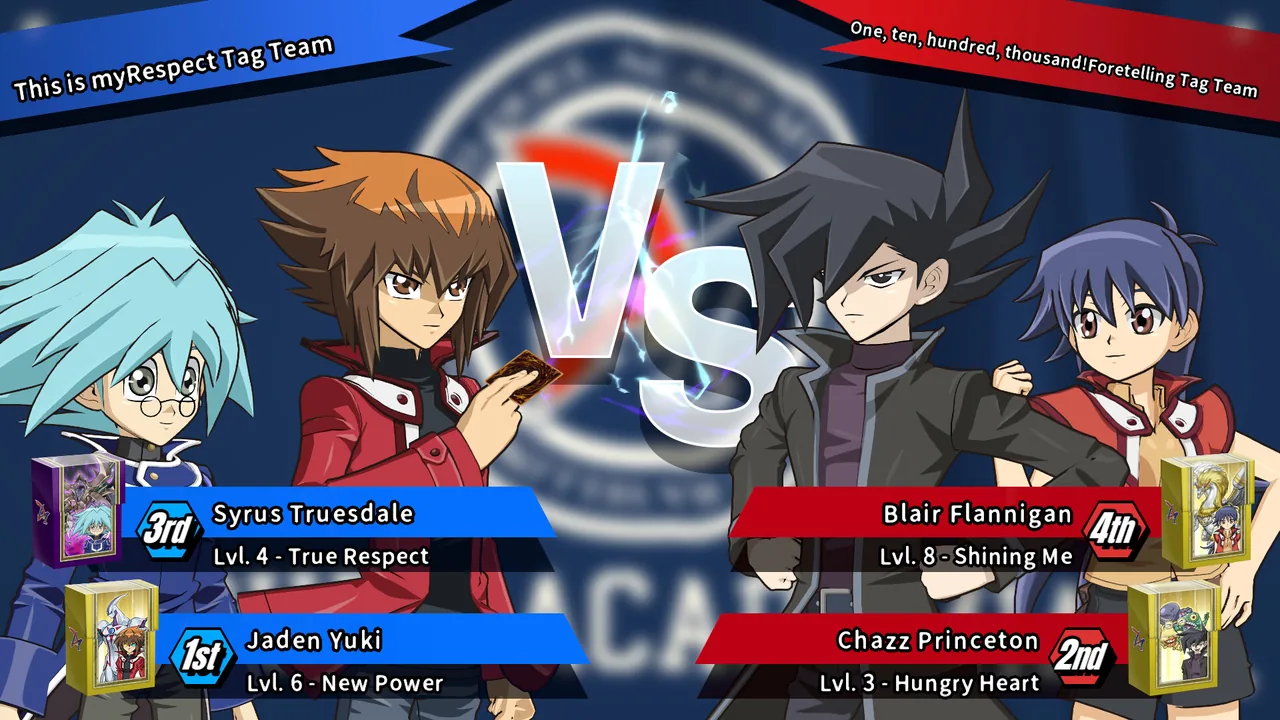 Yu-Gi-Oh! TAG FORCE GX: Syrus, Jaden, Chazz e Blair em duelo de duplas (imagem oficial: Konami)